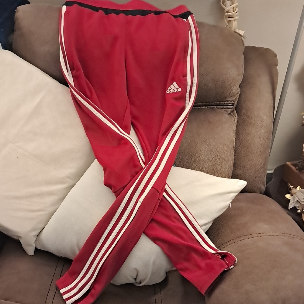 Adidas Red and White Joggers with Signature Stripes